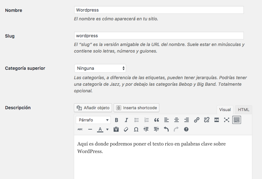 Descripción Categoria WordPress