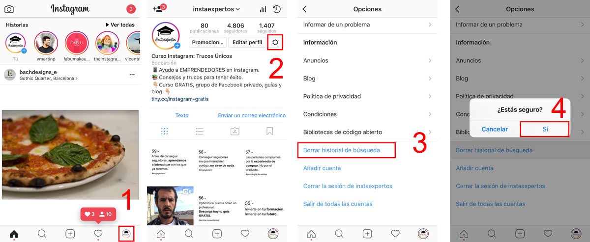 Como borrar el historial de Instagram